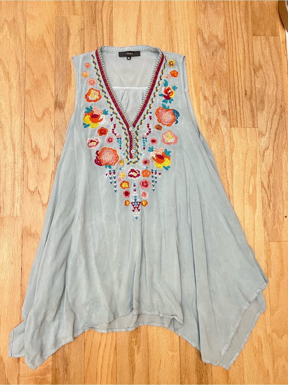 Andree Light Blue Sleeveless Tunic with Multicolor Floral Embroidery